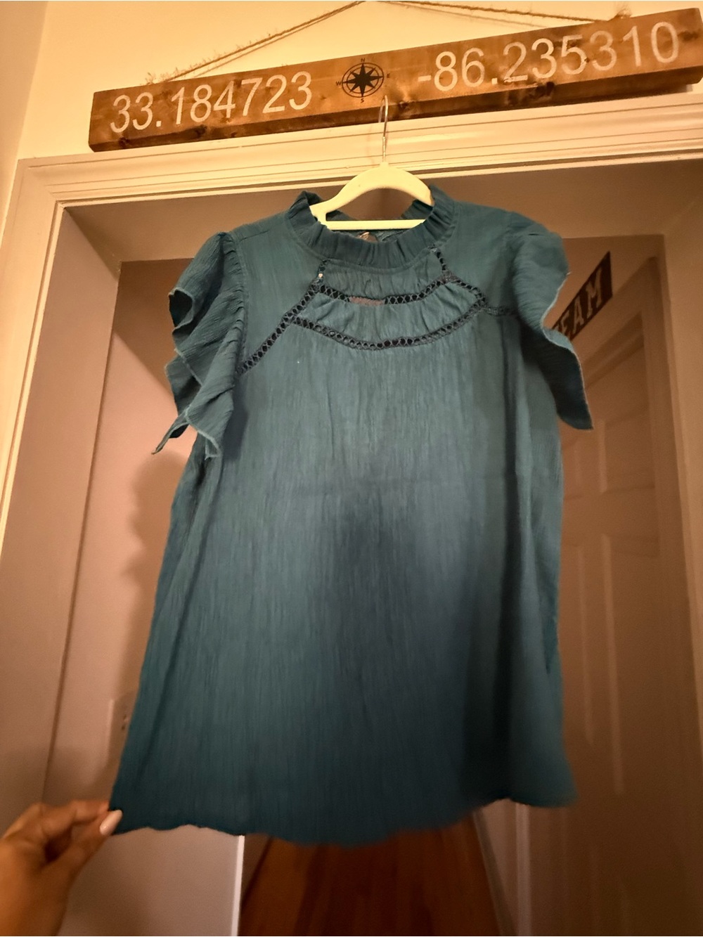 SHEIN Teal Ruffle Sleeve Blouse with Crochet Detail